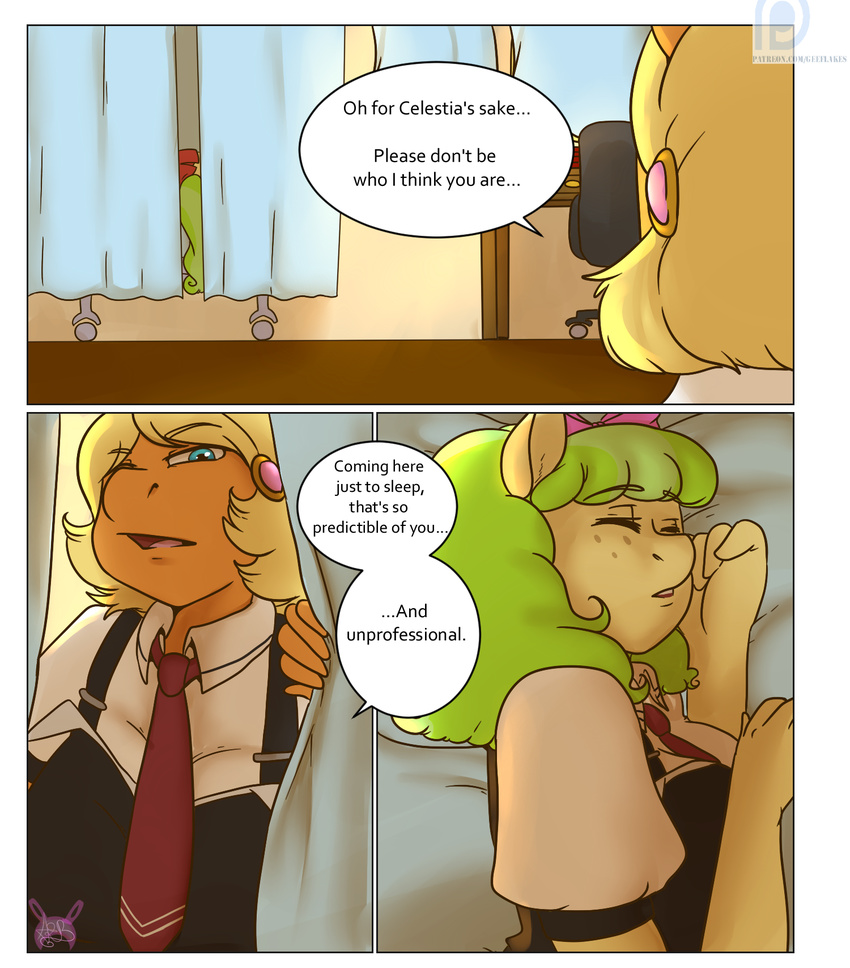 2014 anthro anthrofied arnachy blonde_hair blue_eyes bow clothing comic dialogue duo earth_pony english_text equine eyes_closed female freckles friendship_is_magic green_hair hair hi_res horse inside lying mammal ms_harshwhinny_(mlp) ms_peachbottom_(mlp) my_little_pony necktie pony sleeping text