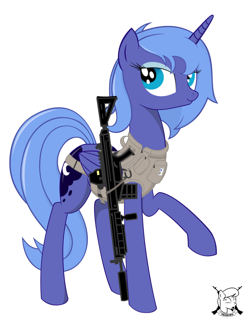 alpha_channel blue_eyes blue_hair clothed clothing cutie_mark equine eyeshadow female feral friendship_is_magic gun hair horn makeup mammal military my_little_pony princess_luna_(mlp) ranged_weapon rifle shadawg silencer solo vest weapon winged_unicorn wings