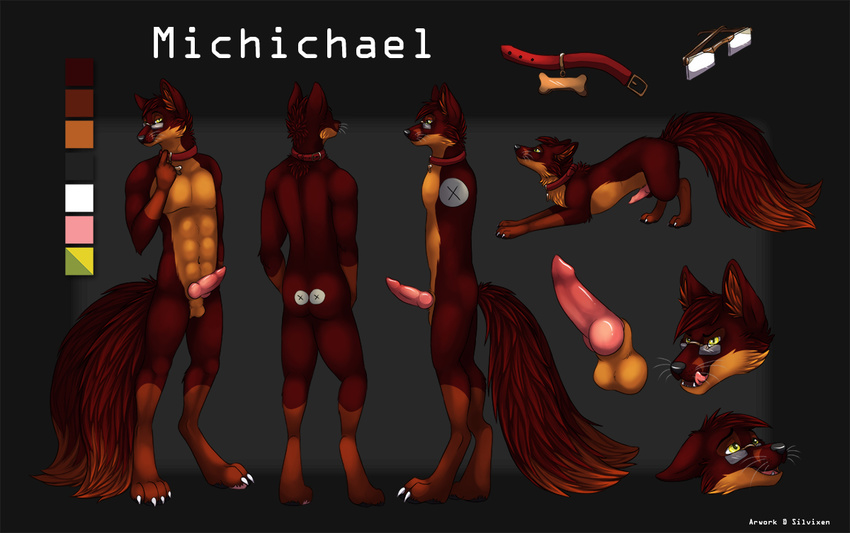 2013 abs animal_genitalia anthro back balls black_nose brown_fur butt canine canine_penis claws collar eyewear fangs folf fox fur glasses grey_background hybrid knot male mammal michichael model_sheet muscles nogitsune nude open_mouth pawpads paws penis plain_background red_fur sheath silvixen smile solo teeth toe_claws tongue tongue_out whiskers wolf yellow_eyes