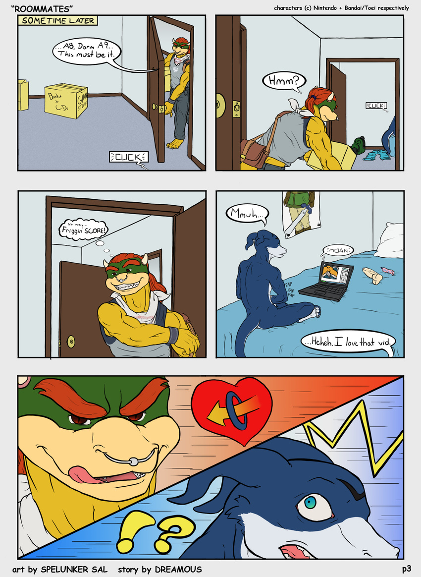 anthro bandai biceps bowser_koopa_junior_(roommates) caught clothing comic computer digimon dildo dreamous_(writer) duo english_text flamedramon gay giancarlo_rosato hi_res hiding horn koopa laptop lube male mario_bros masturbation muscles nintendo nude penis piercing raised_tail roommates_(comic) scales scalie sex_toy spelunker_sal text uncut video_games