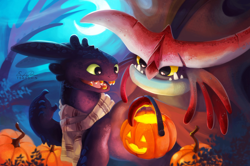 ambiguous_gender cloudjumper cute dragon halloween holidays how_to_train_your_dragon male moon night night_fury outside pumpkin scarf toothless tsaoshin
