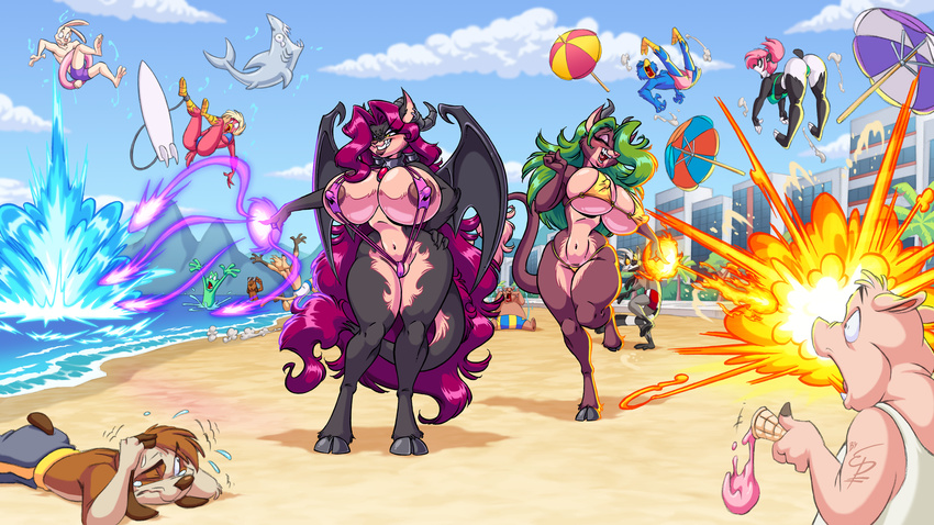 2014 anthro areola avian beach bear big_breasts big_ears bikini bird blonde_hair breasts butt canine city claws clothing crying demon detailed_background dog eltonpot evil explosion eyes_closed fear female feral fish gasp grin hair hellhound hooves horn huge_breasts long_hair magic male mammal marine monette mountain nipple_bulge nipples outside panda pig porcine purple_hair raised_tail rear_view running seaside shark sibling sisters sky sling_bikini succubus surf sweat swimsuit tattoo tears thyia wings yellow_eyes