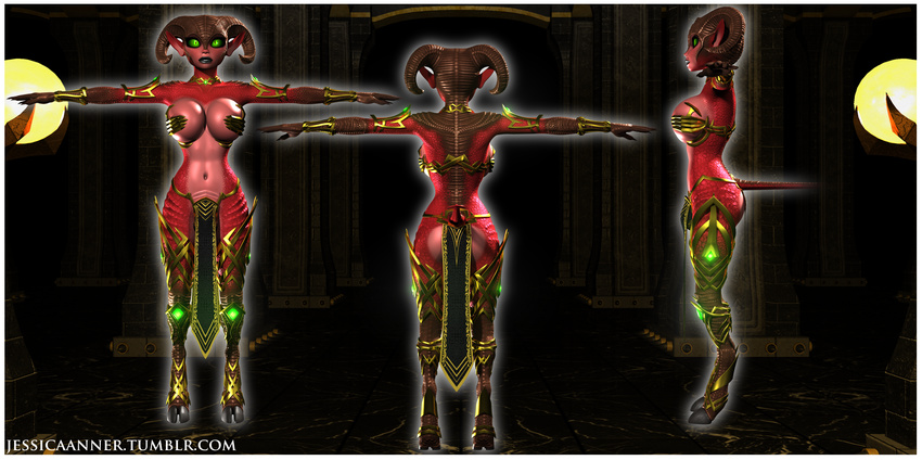 3d absurd_res armor big_breasts breast_squish breasts claws clothing cloven_hooves demon ezria female gem glowing gold green_sclera hand_bra hi_res hooves horn humanoid jessica_anner loincloth long_ears succubus unconvincing_armor