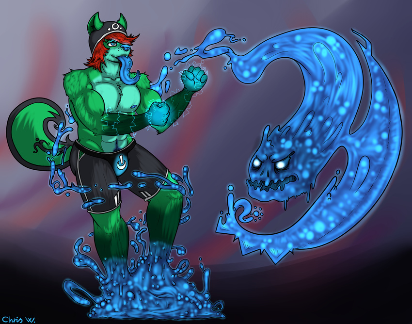 anthro beanie canine chris_wolfe clothing electricity fighting_stance fist fur glowing green_fur hair hat krazu_wolfdoom magic male mammal monster muscles pecs piercing red_hair shorts slime summoning tongue tongue_piercing transformation wolf