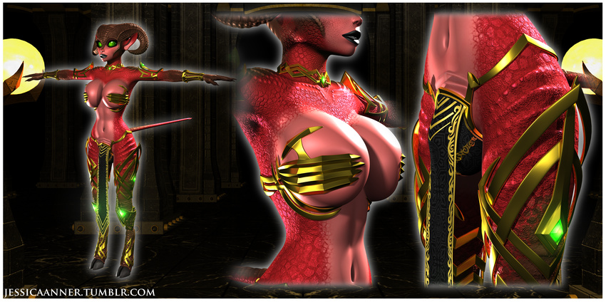 3d absurd_res armor big_breasts breast_squish breasts claws clothing cloven_hooves demon ezria female gem glowing gold green_sclera hand_bra hi_res hooves horn humanoid jessica_anner loincloth long_ears succubus unconvincing_armor