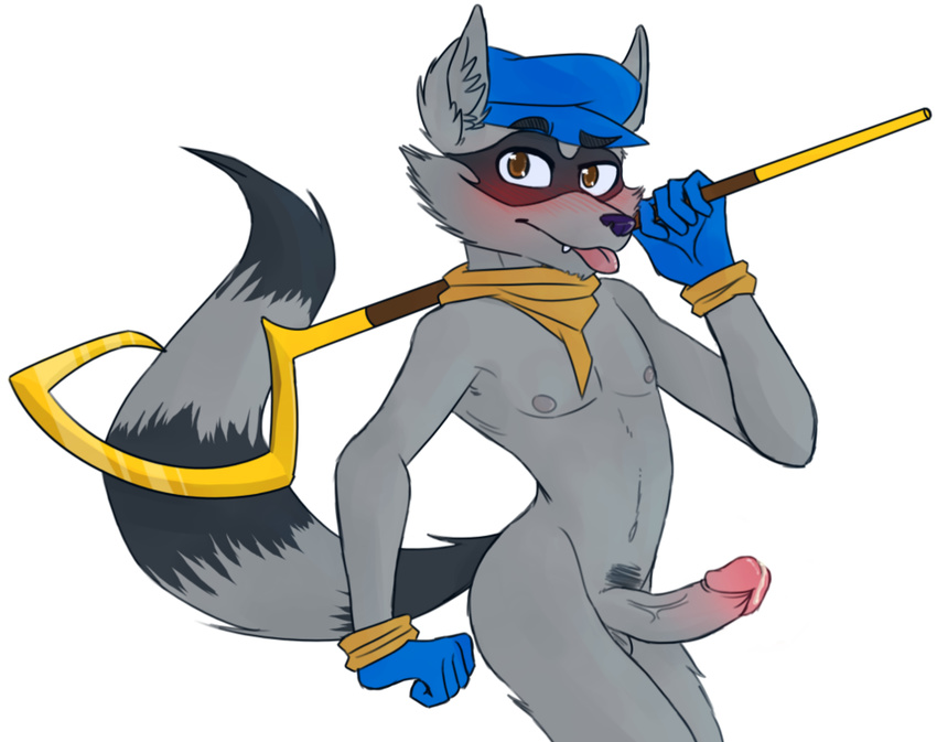 anthro blush cum looking_at_viewer maddogfan male mammal nipples penis presenting raccoon sly sly_cooper sly_cooper_(series) solo tongue tongue_out