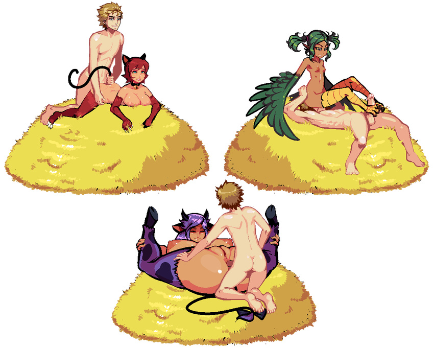 anal animal_ears anthro avian balls big_breasts blonde_hair bovine breasts breeding_season cat_ears cattle claws cunnilingus female foot_rub fur green_feathers green_hair group hair happy harpy hay hooves horn human humanoid lying male mammal missionary_position nipples on_back open_mouth oral penetration penis purple_fur purple_hair pussy red_fur red_hair s-purple sex small_breasts straight vaginal