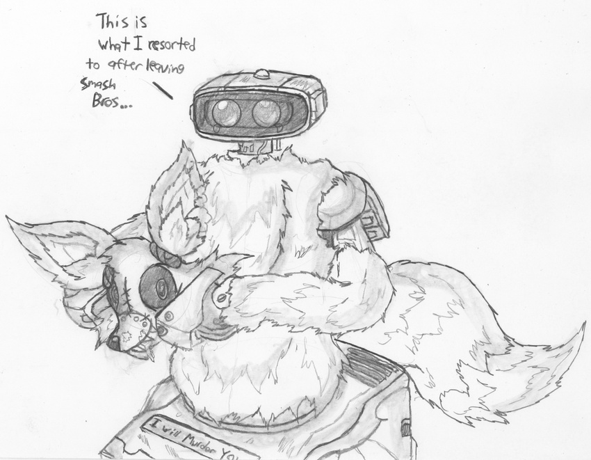 anthro canine costume crossover english_text five_nights_at_freddy's fox foxy_(fnaf) fur hotfeet444 looking_at_viewer machine male mammal mask mechanical monochrome nintendo plain_background r.o.b robot solo super_smash_bros tears teeth text video_games