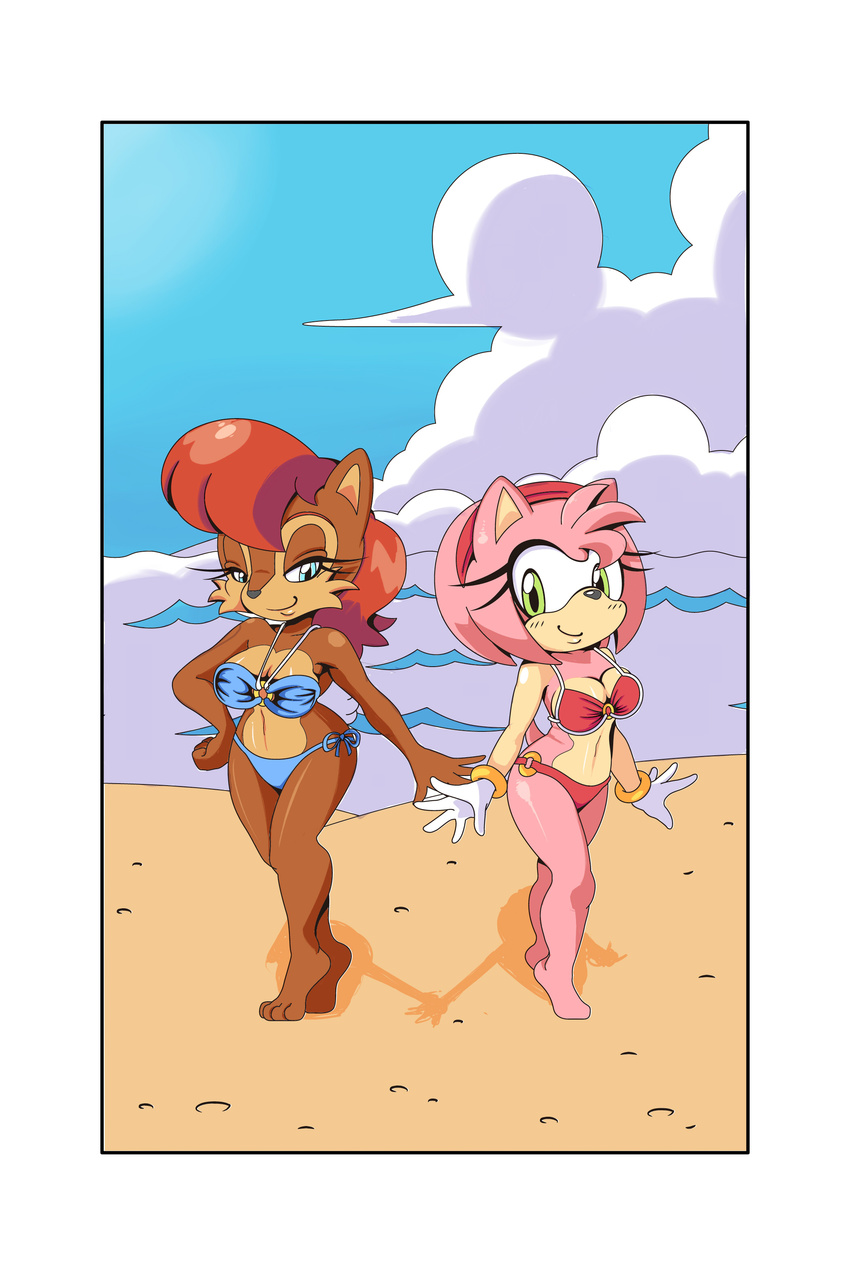 2014 amy_rose anthro beach bikini blue_eyes blush breasts chipmunk clothed clothing cloud cloudz duo female fur gloves green_eyes hair hand_on_hip headband hedgehog hi_res looking_at_viewer mammal michiyoshi outside pink_hair pinup pose red_hair rodent sally_acorn sand seaside sega skimpy sky smile sonic_(series) squirrel standing swimsuit video_games wide_hips