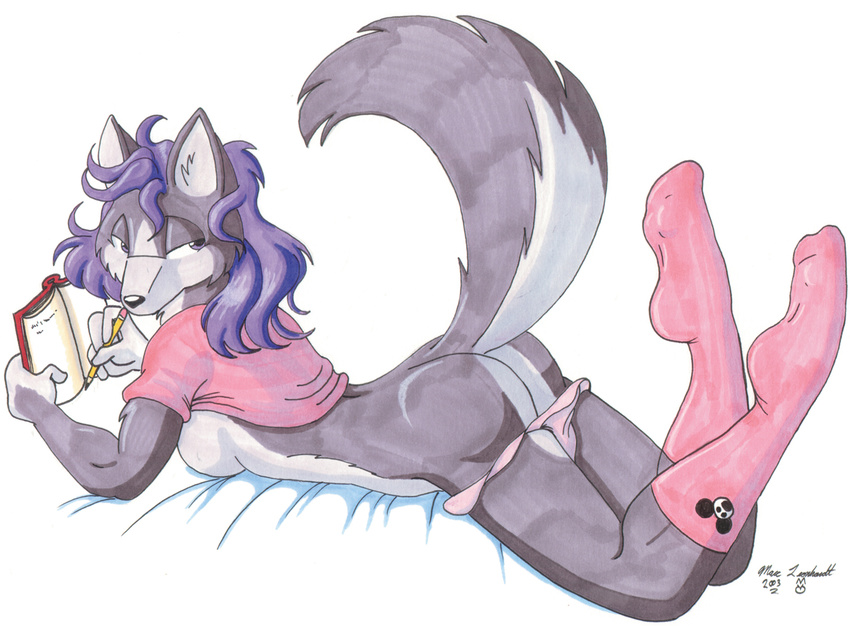 anthro bed black_nose book breasts butt canine clothed clothing female hair half-dressed legwear lying mammal marc_leonhardt on_front panties panties_down pencil plain_background purple_eyes purple_hair raised_tail shirt shirt_lift side_boob skimpy socks solo underwear wolf writing