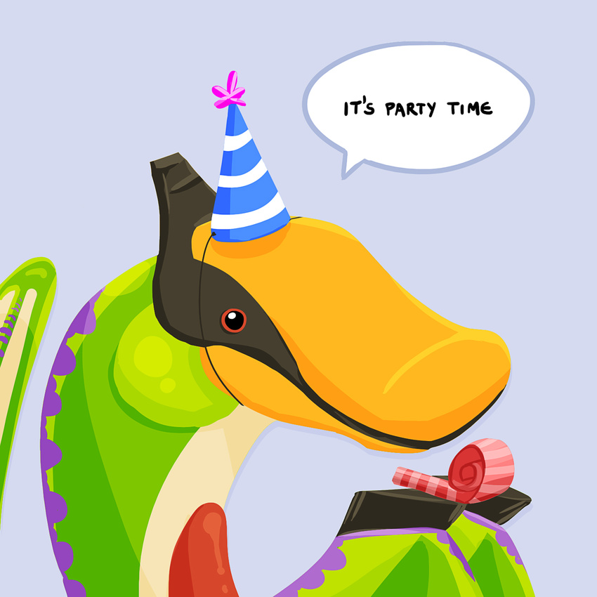 ambiguous_gender beak capcom english_text feral flying_wyvern green_scales hat monster_hunter party_hat party_horn party_time plain_background qurupeco solo text unknown_artist video_games wyvern