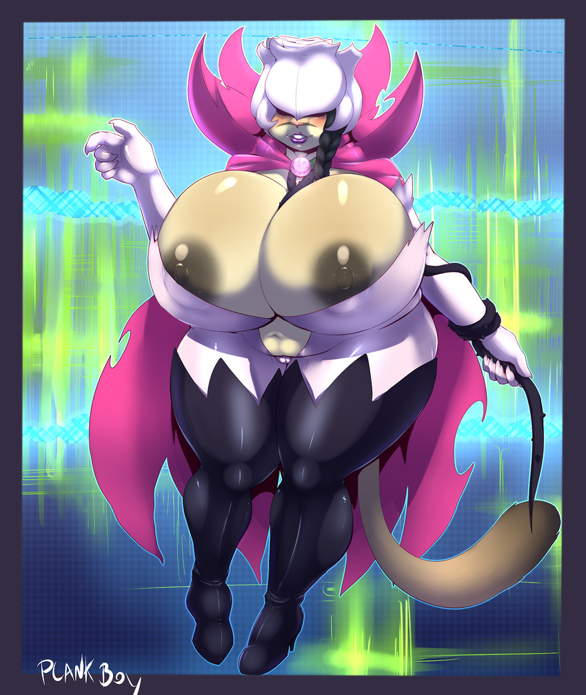 2014 abstract_background anthro big_breasts big_nipples black_hair black_nipples blush boots breasts cape cat chubby claws cosplay elbow_gloves feline female fur gloves hair hat high_heels huge_breasts hyper hyper_breasts legwear lips long_hair mammal navel nipples pink_nose plankboy rosemon smile solo standing thick_thighs thigh_high_boots thigh_highs white_fur