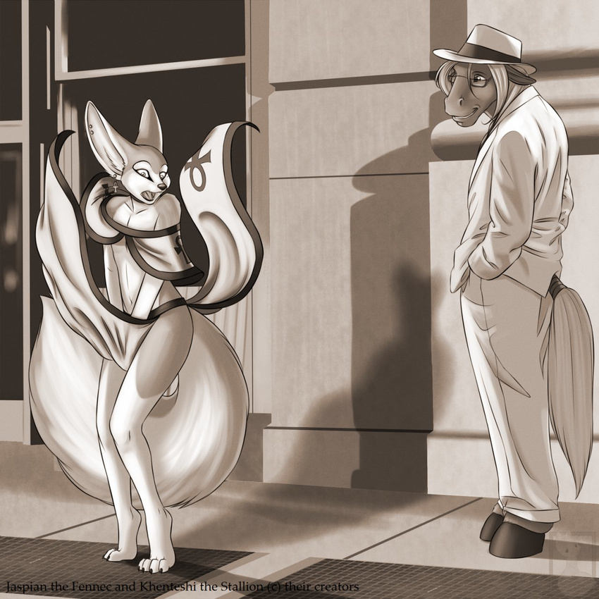 anthro big_tail canine clothing covering equine fennec fluffy_tail fox girly hooves horse jaspian khenteshi male mammal nateday piercing robes standing surprise wardrobe_malfunction wind