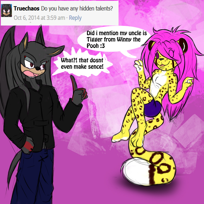 anthro bieesha chaos_the_echidna cheetah comic duo feline humor makarimorph male mammal sega shadow sonic_(series) sonic_the_hedgehog truechaos