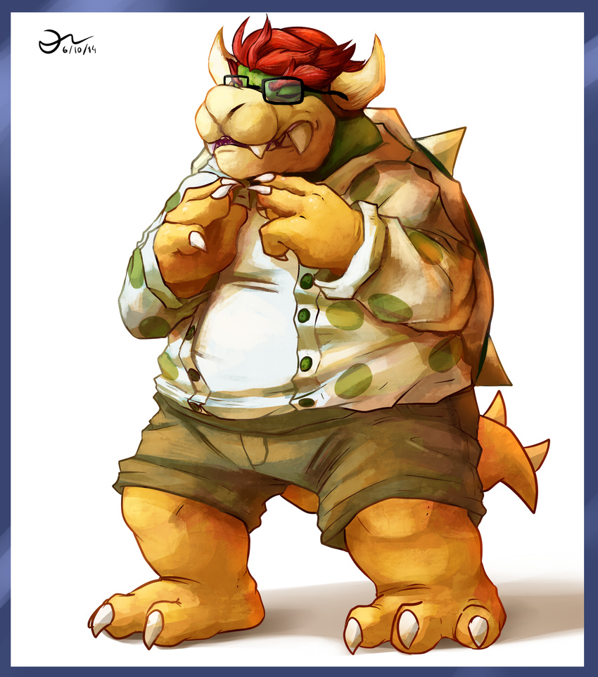 2014 3_toes anthro blitzdrachin bowser claws clothing dots eyes_closed eyewear fangs glasses hair hipster horn illustration koopa male mario_bros nerd nintendo overweight painting red_hair reptile scalie shell solo teeth toes video_games