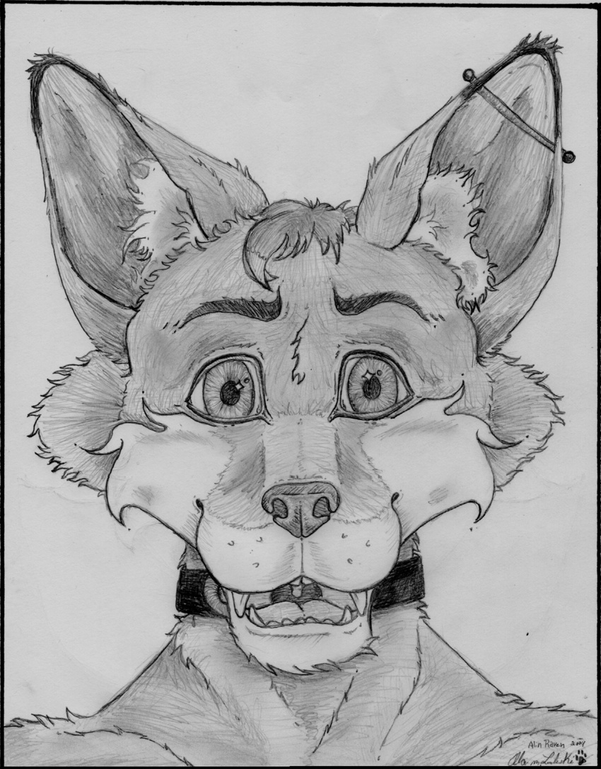 2014 alinraven anthro bipedal bust_portrait canine collar ear_piercing fox front_view fur greyscale hair industrial_piercing looking_at_viewer male mammal mixed_media monochrome nude open_mouth pen_(artwork) pencil_(artwork) piercing signature smile solo traditional_media_(artwork) trevor_fox