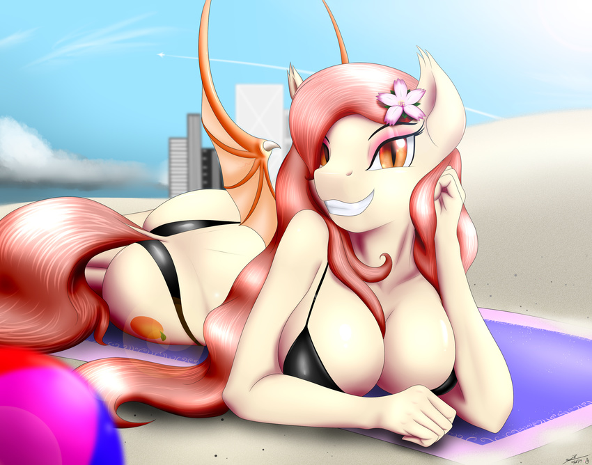 absurd_res anthro ball bat_pony beach bedroom_eyes big_breasts bikini blumagpie breasts clothing cutie_mark equine fan_character female fur hair hair_over_eye hi_res horse long_hair looking_at_viewer lying mammal membranous_wings my_little_pony orange_eyes outside pink_hair pony pose seaside seductive skyline slit_pupils smile solo swimsuit thestral tiny_wings wings