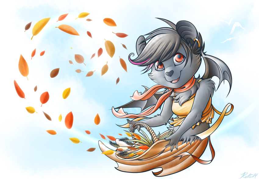autumn black_fur black_hair black_nose clothed clothing cute ear_piercing fangs female fruit_bat fur gold hair happy leaves piercing plain_background ratte red_eyes ruun smile solo wheat white_background wings