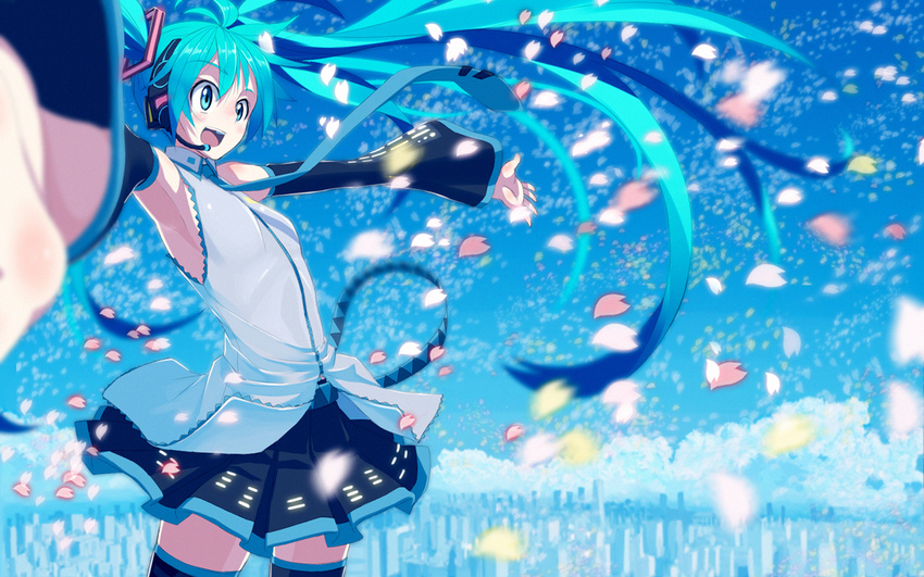 :d aqua_eyes aqua_hair armpits bare_shoulders blue blurry cherry_blossoms city cityscape cowboy_shot day depth_of_field detached_sleeves foreshortening hatsune_miku headphones headset kasuga_ayumu_(haruhipo) long_hair necktie open_mouth outstretched_arms petals skirt sky smile solo spread_arms thighhighs twintails very_long_hair vocaloid wallpaper wide-eyed zettai_ryouiki