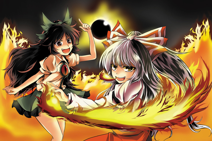 black_hair bow eclipse eyes fang fire fujiwara_no_mokou kurinton long_hair multiple_girls red_eyes reiuji_utsuho silver_hair solar_eclipse suspenders touhou you_gonna_get_raped