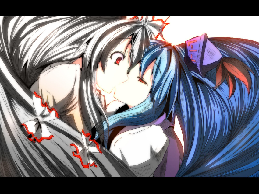 blue_hair bow colorized fujiwara_no_mokou hair_ribbon hat kamishirasawa_keine kiss letterboxed long_hair multiple_girls red_eyes ribbon silver_hair sukage to-hou_eiyasyou touhou yuri