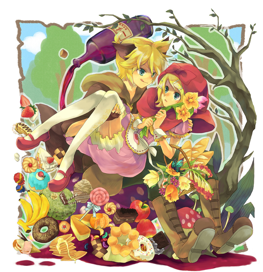 1girl :q animal_ears apple aqua_eyes bad_id bad_pixiv_id banana big_bad_wolf big_bad_wolf_(cosplay) big_bad_wolf_(grimm) blonde_hair boots bottle bread bug butterfly cake candy checkerboard_cookie chocolate chocolate_bar cookie cosplay dog_ears double_scoop doughnut dress flower food french_cruller fruit grimm's_fairy_tales hair_ornament hairclip hana_(mew) highres holding ice_cream ice_cream_cone insect jam_cookie kagamine_len kagamine_rin little_red_riding_hood little_red_riding_hood_(grimm) little_red_riding_hood_(grimm)_(cosplay) lollipop mushroom pancake pastry pocky pouring short_hair slice_of_cake smile sprinkles stack_of_pancakes strawberry strawberry_shortcake swirl_lollipop tail thighhighs tongue tongue_out tulip vocaloid wafer_stick wolf_ears