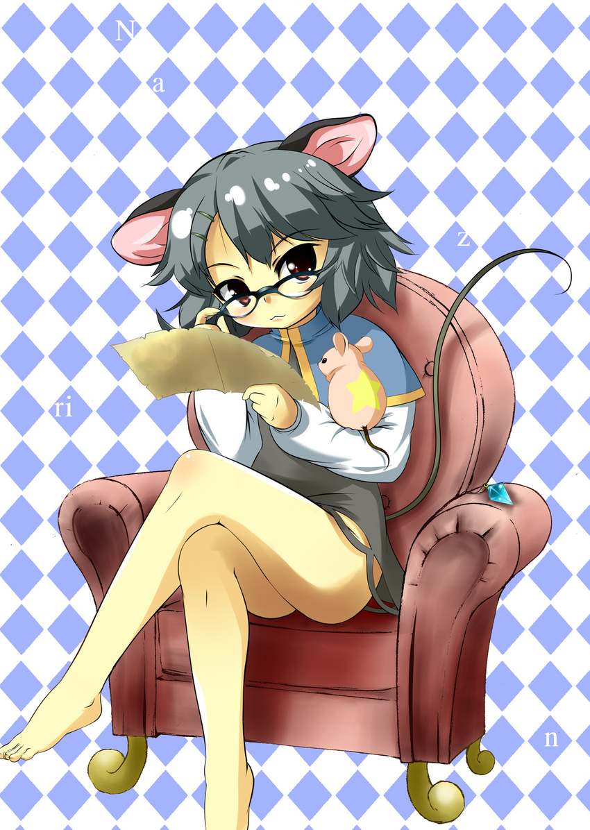 animal_ears armchair bare_legs barefoot bespectacled capelet chair checkered crossed_legs feet glasses grey_hair hair_ornament hairclip highres jewelry legs mepikari mouse mouse_ears mouse_tail nazrin pendant red_eyes short_hair sitting solo star tail touhou