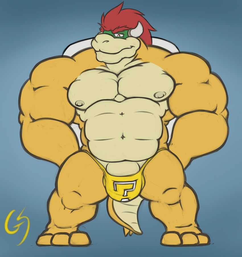 ? abs anthro biceps big_muscles bowser bulge clothing grin gs hair huge_muscles koopa male mario_bros muscles nintendo pecs penis plain_background pose red_hair scalie solo thong video_games
