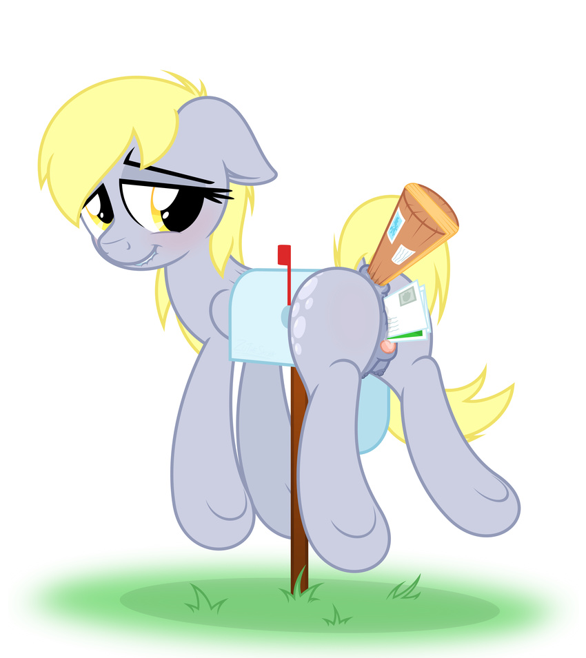 2014 absurd_res anal anal_penetration anus blonde_hair blush butt cutie_mark derp_eyes derpy_hooves_(mlp) equine female feral friendship_is_magic fur grey_fur hair hi_res horse insertion letter lip_bite mailbox mammal my_little_pony nipples nude package pegasus penetration plain_background pony pussy pussy_juice smile solo stuck teats vaginal vaginal_insertion vaginal_penetration wings yellow_eyes zutheskunk