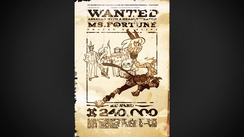16:9 animal_ears blood cat_ears claws detachable_head english_text female fish group male marine monochrome ms._fortune official_art polearm scar skullgirls spear text wanted_poster weapon