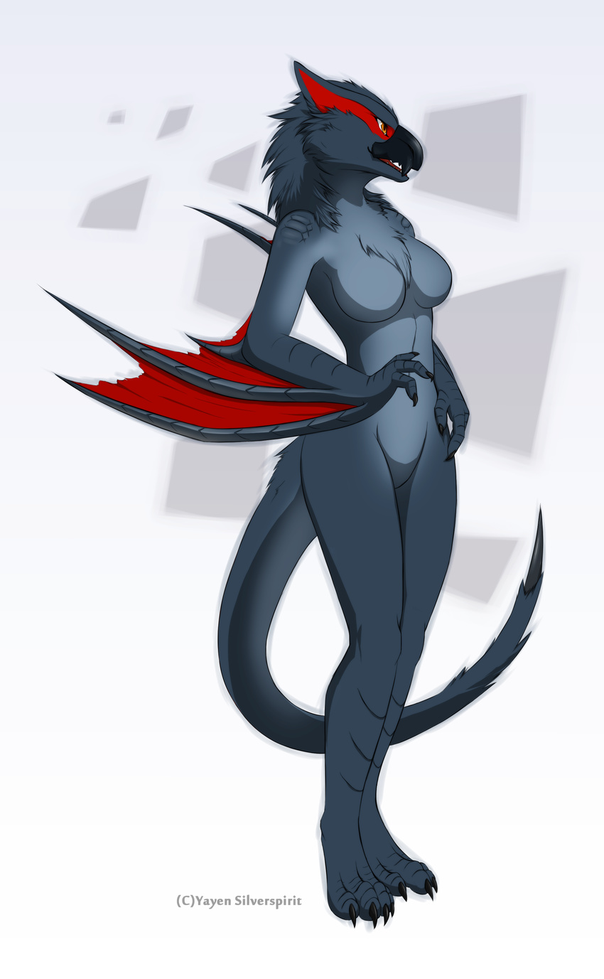 anthro beak black_fur black_scales breasts chest_tuft claws female front fur monster_hunter nargacuga nude open_mouth silver-spirit666 solo standing toe_claws tuft video_games winged_arms wings wyvern