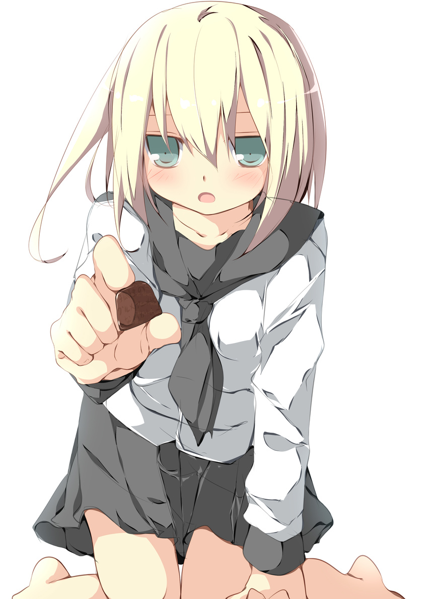 absurdres bad_id bad_pixiv_id blonde_hair blue_eyes blush chocolate highres looking_at_viewer open_mouth original school_uniform serafuku solo tabuchi_(tabuchisanchi)