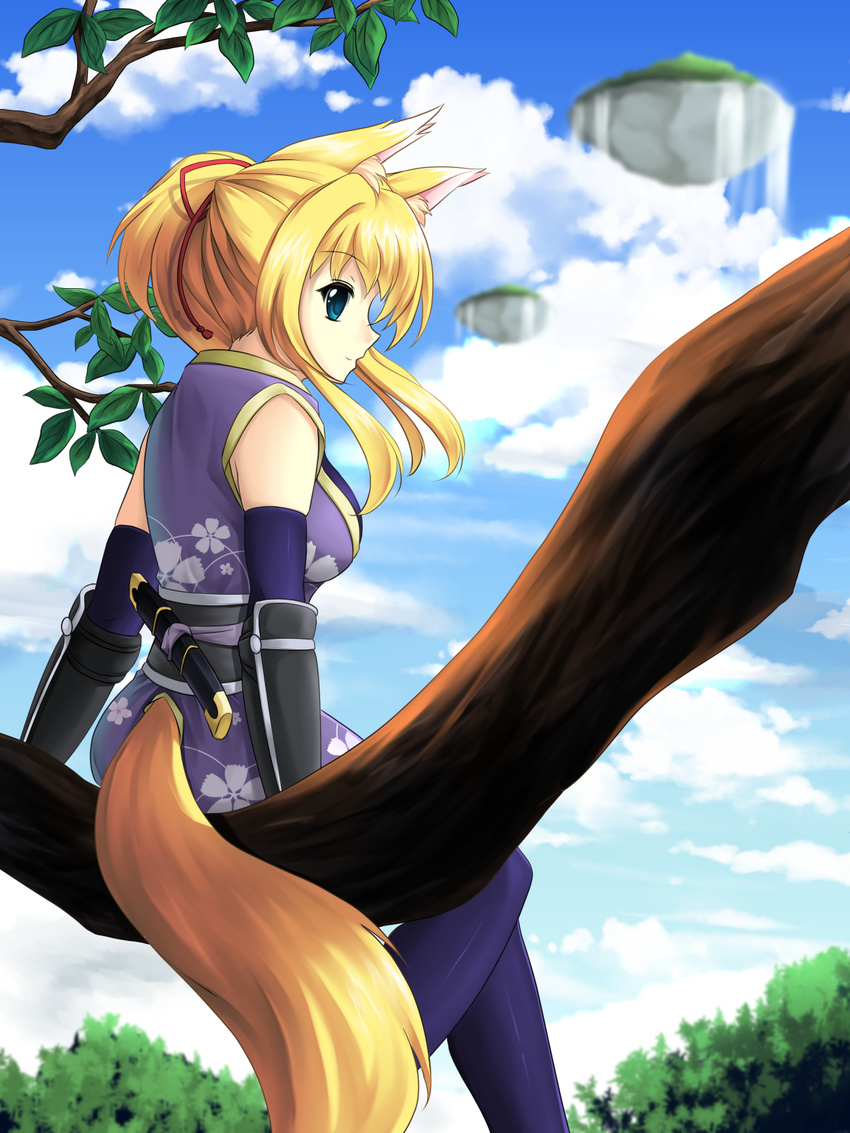 animal_ears blonde_hair blue_eyes blue_legwear blue_sky breasts cloud day dog_days floating_island fox_ears fox_tail hair_ornament hair_ribbon highres in_tree japanese_clothes kimono large_breasts light_smile looking_away mountain nature ninjatou obi ponytail ribbon sash sheita sitting sitting_in_tree sky solo tail tree weapon yukikaze_panettone