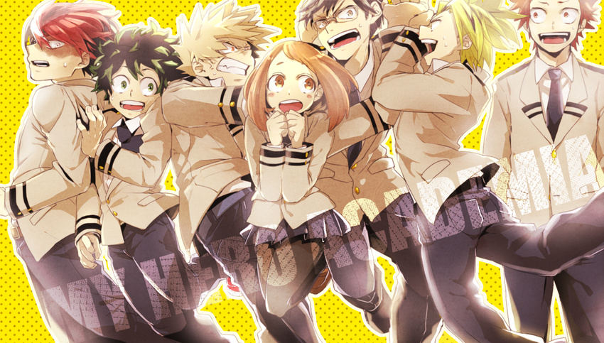 6+boys bakugou_katsuki black_hair boku_no_hero_academia brown_eyes brown_hair glasses highres ichiko365 iida_tenya kaminari_denki kirishima_eijirou long_hair midoriya_izuku multicolored_hair multiple_boys pantyhose red_hair school_uniform short_hair todoroki_shouto u.a._school_uniform uraraka_ochako