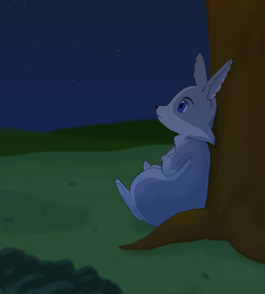 blue_eyes blue_fur fur happy_happy_clover japanese lago lagomorph male mammal night pixiv rabbit rambler sayuri_tatsuyama sitting solo star tabi-usagi-san tabi_usagi tree white_fur