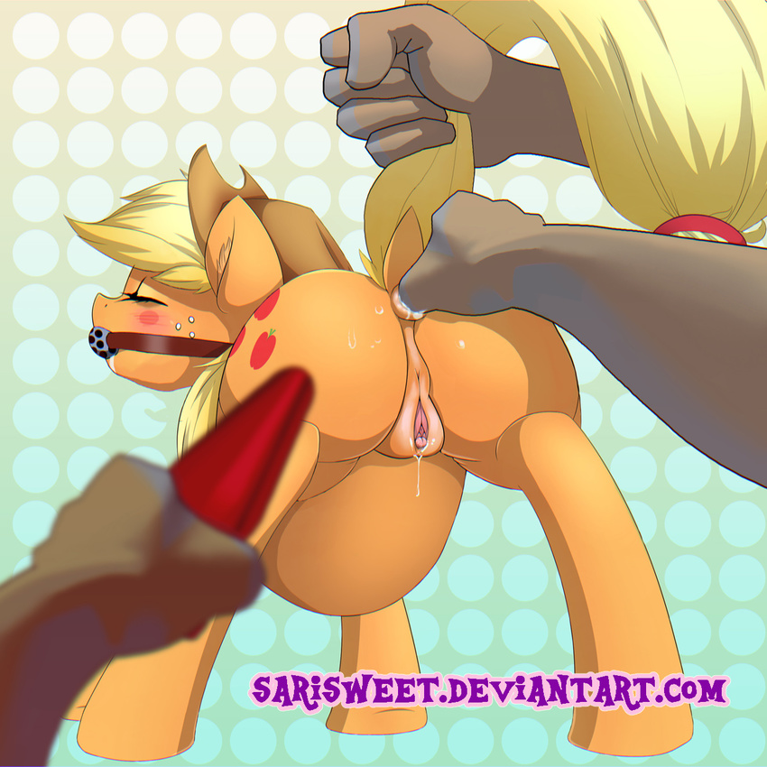 anal anal_fingering anatomically_correct anatomically_correct_pussy animal_genitalia anus applejack_(mlp) ball_gag bestiality blush buttplug clitoral_winking clitoris disembodied_hand earth_pony equine equine_pussy eyes_closed female feral fingering friendship_is_magic gag group horse human human_on_feral interspecies looking_back mammal my_little_pony orgasm pony puffy_anus pussy pussy_juice raised_tail sarisweet sex_toy solo_focus