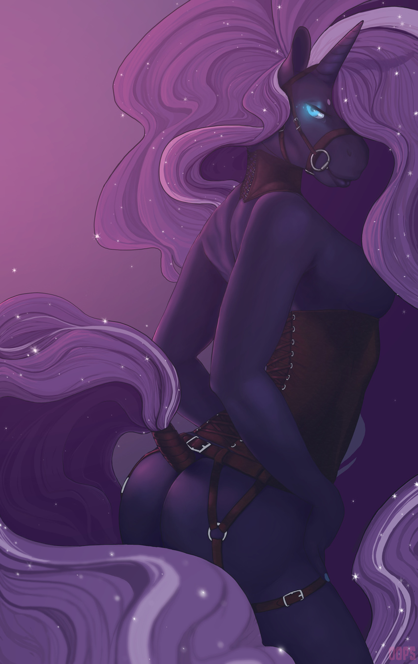 2015 absurd_res anthro anthrofied bit_gag blue_eyes breasts bridle butt clothing collar corset equine female friendship_is_magic gag glowing glowing_eyes hair hi_res horn long_hair looking_at_viewer mammal my_little_pony nightmare_rarity_(mlp) oops_(artist) purple_hair rarity_(mlp) solo unicorn