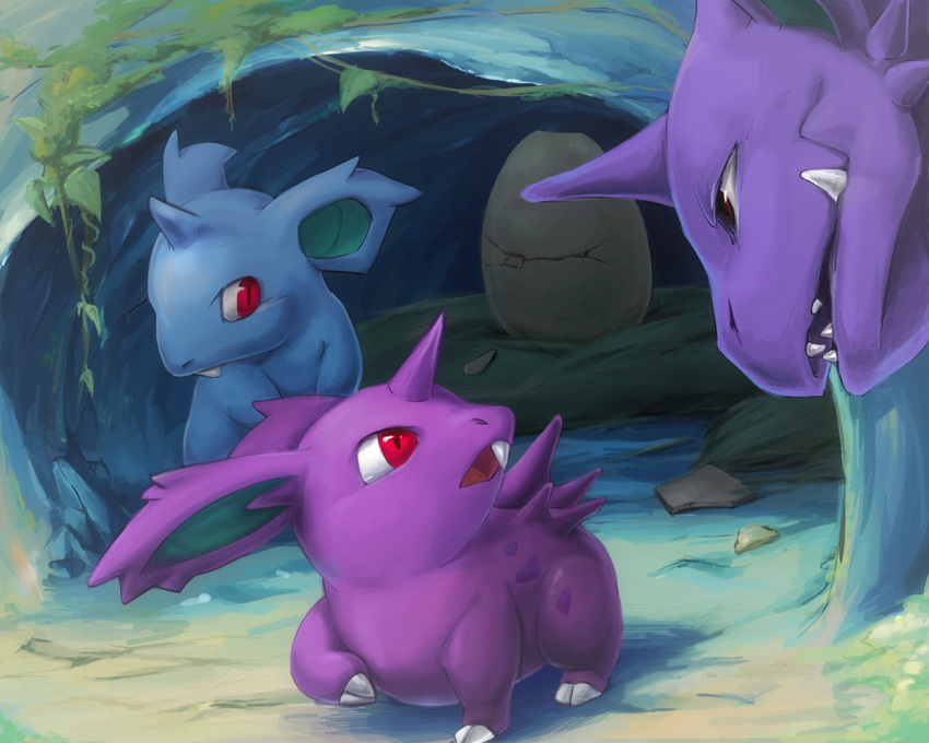 2011 blue_body claws cub egg fangs female feral group male naname-mae nidoking nidoran nidoran♀ nidoran♂ nintendo open_mouth pok&eacute;mon purple_body red_eyes teeth video_games young