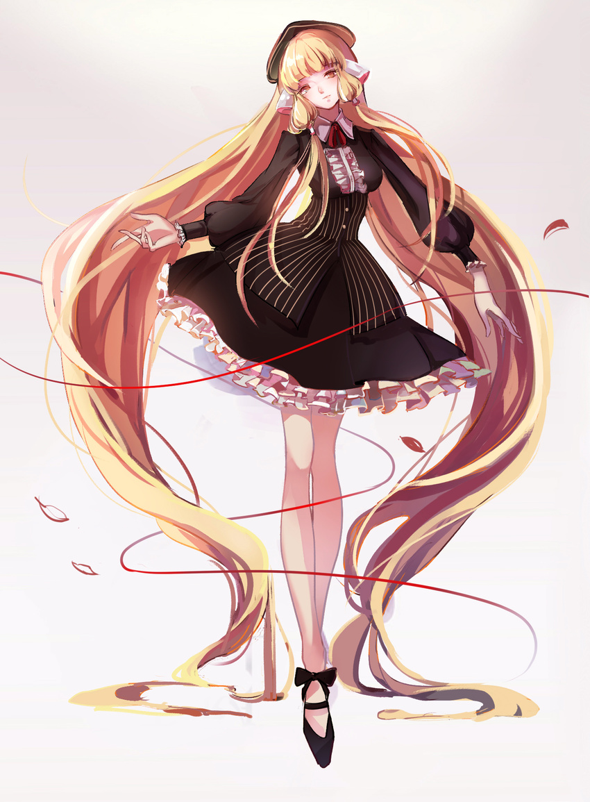 absurdly_long_hair bare_legs black_dress black_footwear blonde_hair brown_eyes chobits dress freya_(chobits) frilled_dress frills full_body hair_tubes hat head_tilt highres juliet_sleeves light_smile long_hair long_sleeves petticoat puffy_long_sleeves puffy_sleeves red_ribbon red_string ribbon robot_ears shoes simple_background solo string striped surong_yao_qi vertical-striped_dress vertical_stripes very_long_hair