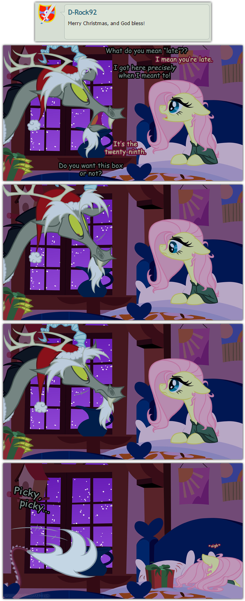 2015 awake bed blue_eyes christmas deviantart discord_(mlp) draconequus equine fangs female fluttershy_(mlp) friendship_is_magic gift grievousfan hair hat holidays lying male mammal my_little_pony pajamas pegasus pillow pink_hair red_eyes santa_hat star tired window wings