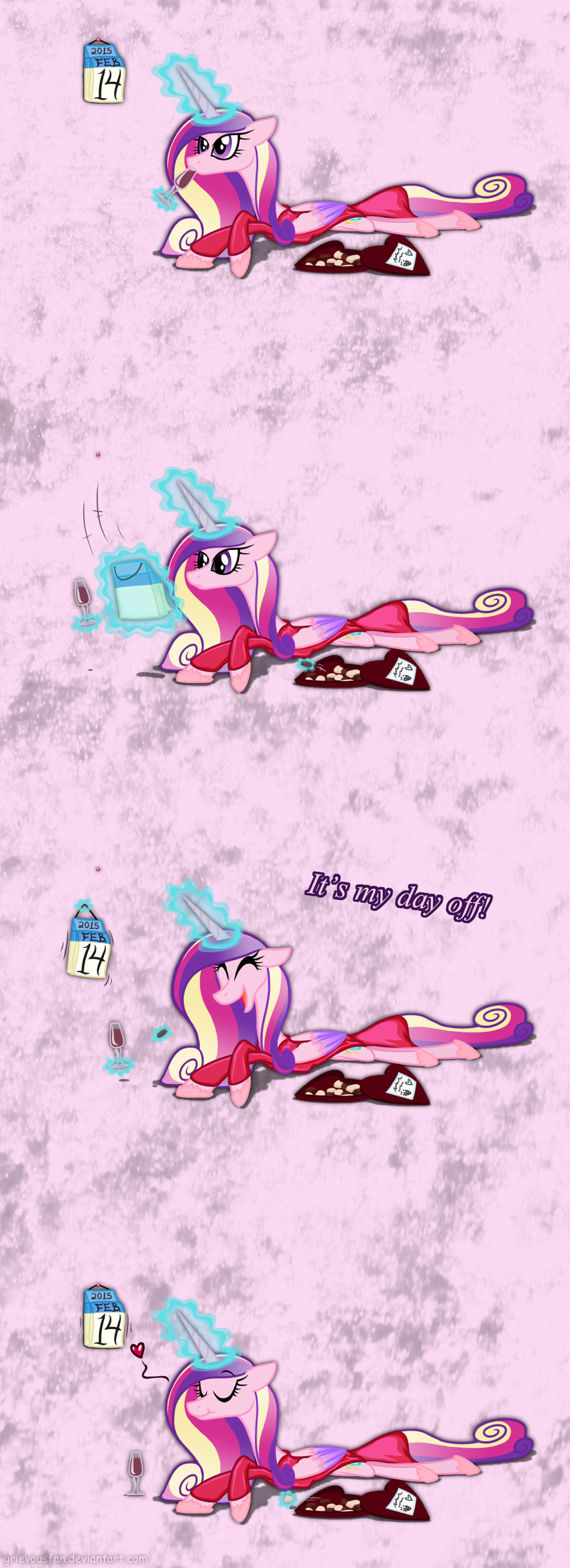 &lt;3 2015 alcohol beverage box box_of_chocolate calender chocolate comic dialogue english_text equine female friendship_is_magic glowing grievousfan hair horn levitation magic mammal multicolored_hair my_little_pony nightgown princess_cadance_(mlp) purple_eyes silk text wine wine_glass winged_unicorn wings