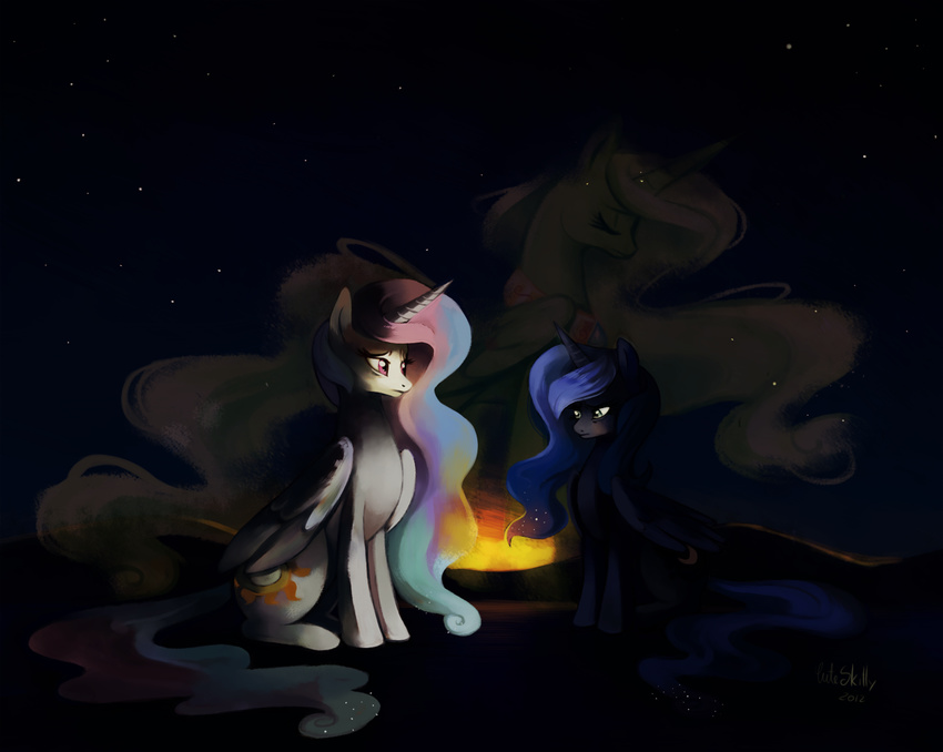 blue_fur blue_hair cuteskitty equine female fire friendship_is_magic fur group hair horn horse mammal my_little_pony night pink_eyes pink_hair pony princess_celestia_(mlp) princess_luna_(mlp) sad sky star white_fur winged_unicorn wings