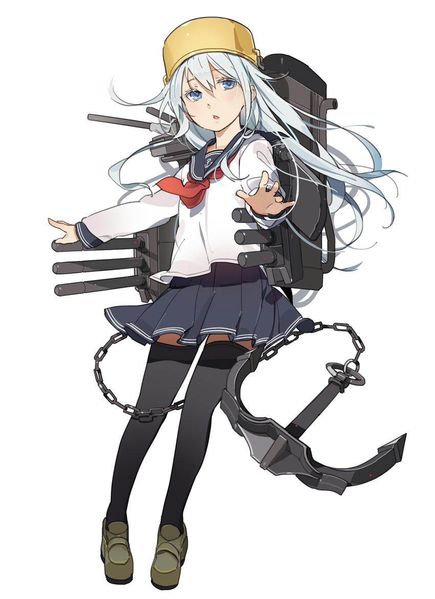 blue_eyes blush hat hibiki_(kantai_collection) highres kantai_collection long_hair open_mouth pot pot_on_head sakura_sora school_uniform serafuku silver_hair skirt solo thighhighs