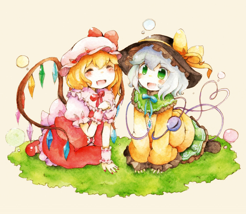 all_fours blonde_hair blouse blush_stickers bubble closed_eyes colored_pencil_(medium) fang fingernails flandre_scarlet frilled_hat frilled_skirt frills grass green_eyes hand_on_own_chest hat hat_ribbon heart heart_of_string highres kneeling komeiji_koishi looking_at_viewer mary_janes mob_cap multiple_girls nail_polish open_mouth outdoors pink_background puffy_short_sleeves puffy_sleeves ribbon shiro_tsugumi shoes short_hair short_sleeves side_ponytail simple_background skirt skirt_set sleeves_past_wrists third_eye touhou traditional_media watercolor_(medium) watercolor_pencil_(medium) white_hair wings wrist_cuffs