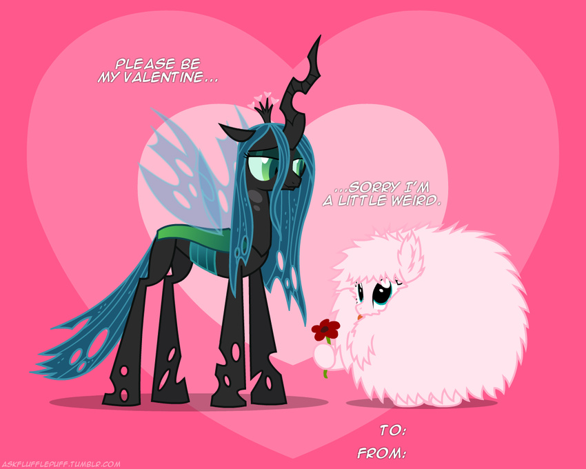 2015 changeling duo english_text equine fan_character female feral flower fluffle_puff friendship_is_magic fur hair holding holidays horn horse long_hair mammal mixermike622 my_little_pony pink_fur plant pony queen_chrysalis_(mlp) text valentine's_day wings