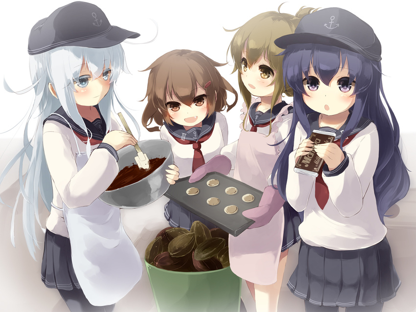 :d :o akatsuki_(kantai_collection) apron baking_sheet black_hair bowl brand_name_imitation brown_eyes brown_hair check_commentary chocolate chocolate_bar chocolate_making commentary commentary_request cookie fang flat_cap food gengetsu_chihiro grey_eyes hat hibiki_(kantai_collection) highres ikazuchi_(kantai_collection) inazuma_(kantai_collection) kantai_collection long_hair long_sleeves meiji_(brand) meiji_milk_chocolate mittens mixing_bowl multiple_girls neckerchief open_mouth pantyhose pleated_skirt purple_eyes red_neckwear school_uniform serafuku shirt silver_hair skirt smile spatula valentine very_long_hair