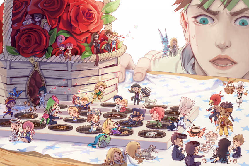 6+boys 6+girls =_= aircraft airplane alcohol bangs basket battle_tendency black_hair blonde_hair blue_hair blunt_bangs blush_stickers brown_eyes bruno_buccellati bubble_blowing caesar_anthonio_zeppeli chibi chocolate_cornet crossed_arms crossed_legs cup diamond_wa_kudakenai diavolo dio_brando dirty_deeds_done_dirt_cheap double_bun drinking_glass drooling eating enrico_pucci erina_pendleton facial_hair fangs feeding fire flame flower fondue food formal freckles funny_valentine gakuran giorno_giovanna green_eyes green_hair grin guido_mista gyro_zeppeli hat hat_removed headdress headwear_removed heart higashikata_jousuke higashikata_jousuke_(jojolion) highres hirose_kouichi hirose_yasuho iggy_(jojo) jean_pierre_polnareff jitome johnny_joestar jojo_no_kimyou_na_bouken jojolion jonathan_joestar joseph_joestar_(young) kakyouin_noriaki kars_(jojo) kira_yoshikage kishibe_rohan kuujou_jolyne kuujou_joutarou lisa_lisa low_twintails magician's_red miniboy misuru multicolored_hair multiple_boys multiple_girls multiple_persona narancia_ghirga narciso_anasui neckerchief nijimura_okuyasu one_eye_closed open_mouth pearl_jam_(stand) phantom_blood pink_hair pompadour ponytail pot purple_hair red_eyes red_flower red_rose robert_eo_speedwagon rose sandwiched scarf school_uniform serafuku skirt skirt_set smile spiked_hair stand_(jojo) star stardust_crusaders steel_ball_run stone_mask_(jojo) stone_ocean suit sunglasses tonio_trussardi trish_una turban twintails vento_aureo vinegar_doppio wamuu weather_report white_hair will_anthonio_zeppeli wine wine_glass yamagishi_yukako zipper