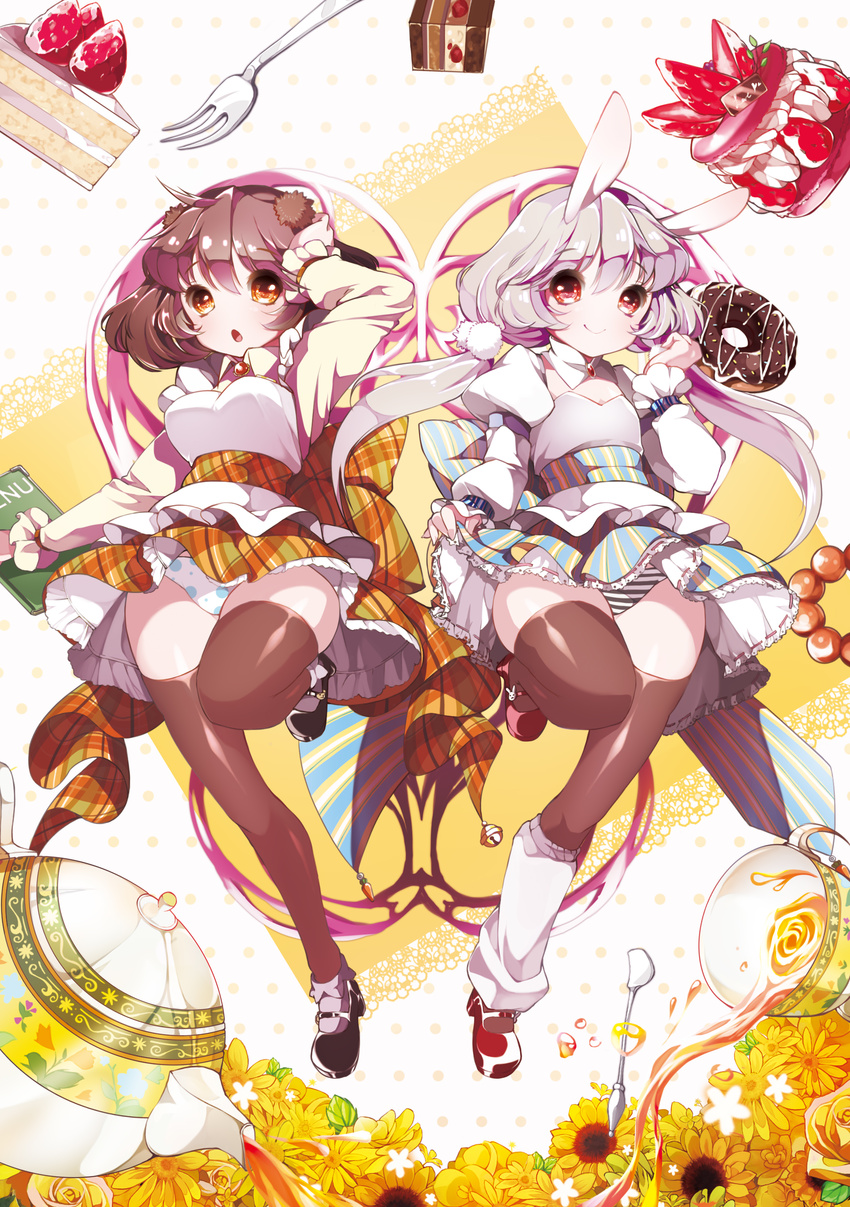 absurdres animal_ears bad_id bad_pixiv_id black_legwear black_panties blurry breasts brown_eyes brown_hair bunny_ears cake cup depth_of_field detached_collar dress dress_lift flower food fork fruit highres kanola_u knee_up leg_warmers liquid long_sleeves maid mary_janes multiple_girls original panties pantyshot polka_dot polka_dot_panties shoes slice_of_cake small_breasts smile spoon strawberry strawberry_shortcake striped striped_panties tea teacup teapot thighhighs underwear white_panties