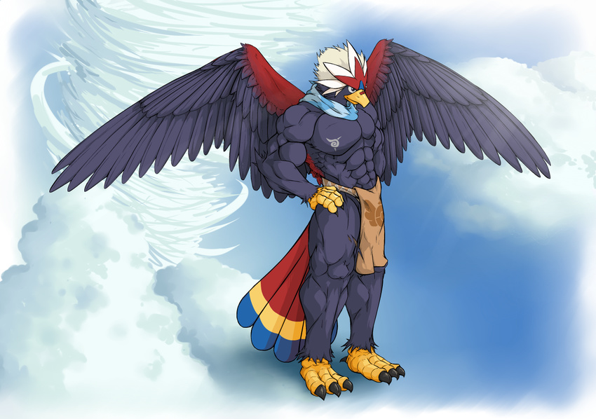 2015 abs abstract_background anthro avian beak biceps big_muscles bird braviary claws clothing cloud eagle feathers hair male muscles nintendo pecs pok&eacute;mon scarf sky smile solo standing talons toe_claws toes tornado video_games waddledox white_hair wings