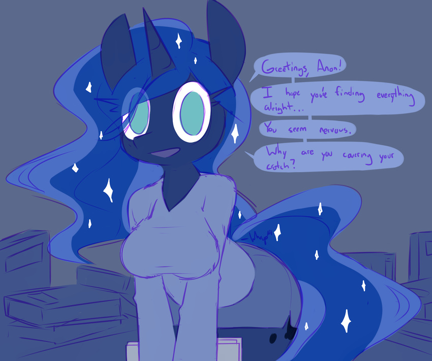 clothed clothing english_text equine female friendship_is_magic horn looking_at_viewer mammal my_little_pony princess_luna_(mlp) text unicorn whoop